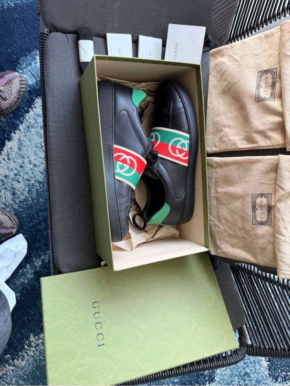 Gucci Kids Black Leather Sneakers with Red & Green Stripe